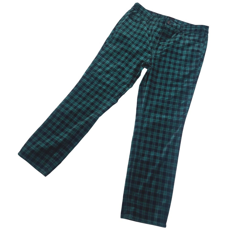 Talbots Velveteen Straight Leg Pant Women 12P Green Black Plaid Tartan